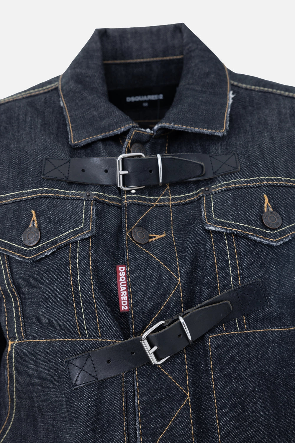 Pre-owned Dsquared2 men's denim jacket in indigo, buckle strap detail, silver-tone hardware