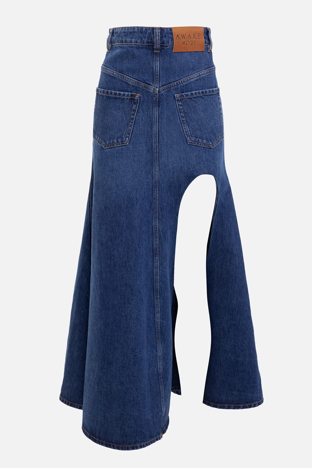A.W.A.K.E. MODE women's denim maxi skirt in classic blue wash, back view, button closure and flared hem