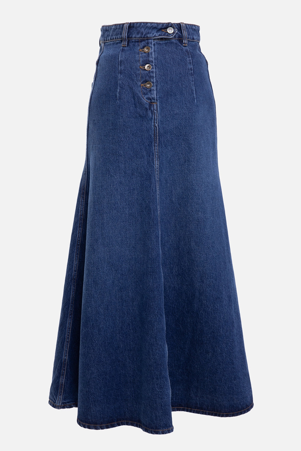 A.W.A.K.E. MODE women's denim maxi skirt in classic blue wash, front view, logo patch and asymmetric leg cutout