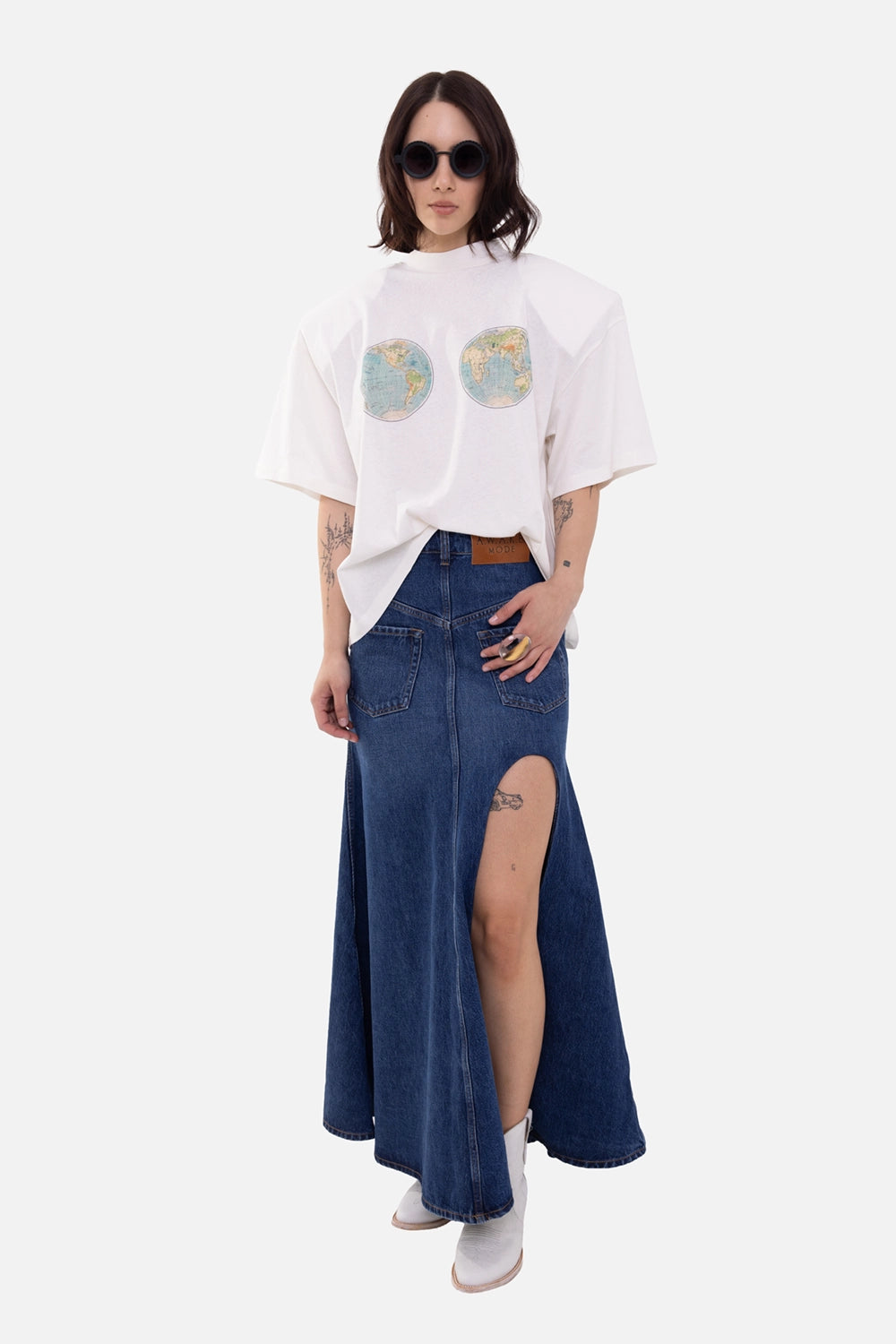 A.W.A.K.E. MODE women's denim maxi skirt in classic blue wash, on-model full length, side cutout and patch pockets