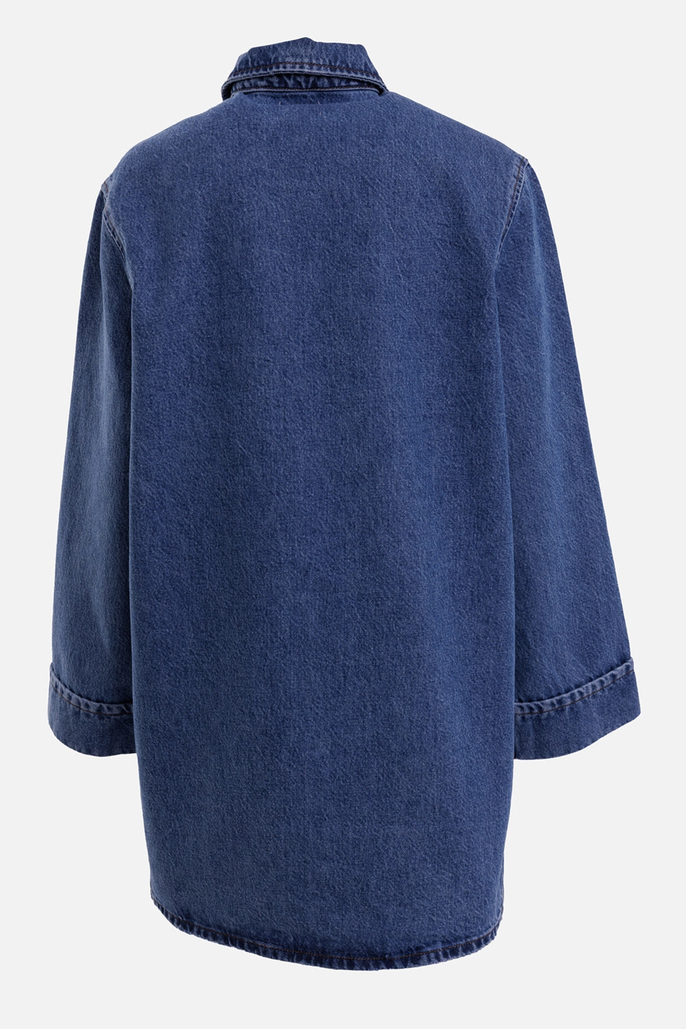 Anine Bing women's denim shirt dress in Freshwater Blue, back view with straight shape and curved mini hem