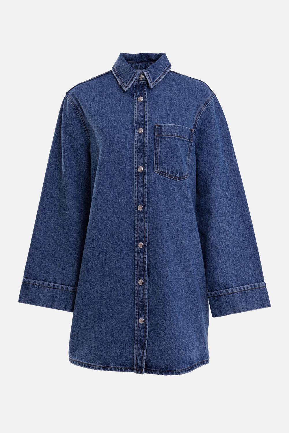 Anine Bing women's denim shirt dress in Freshwater Blue, front view with silver-tone buttons and patch pocket