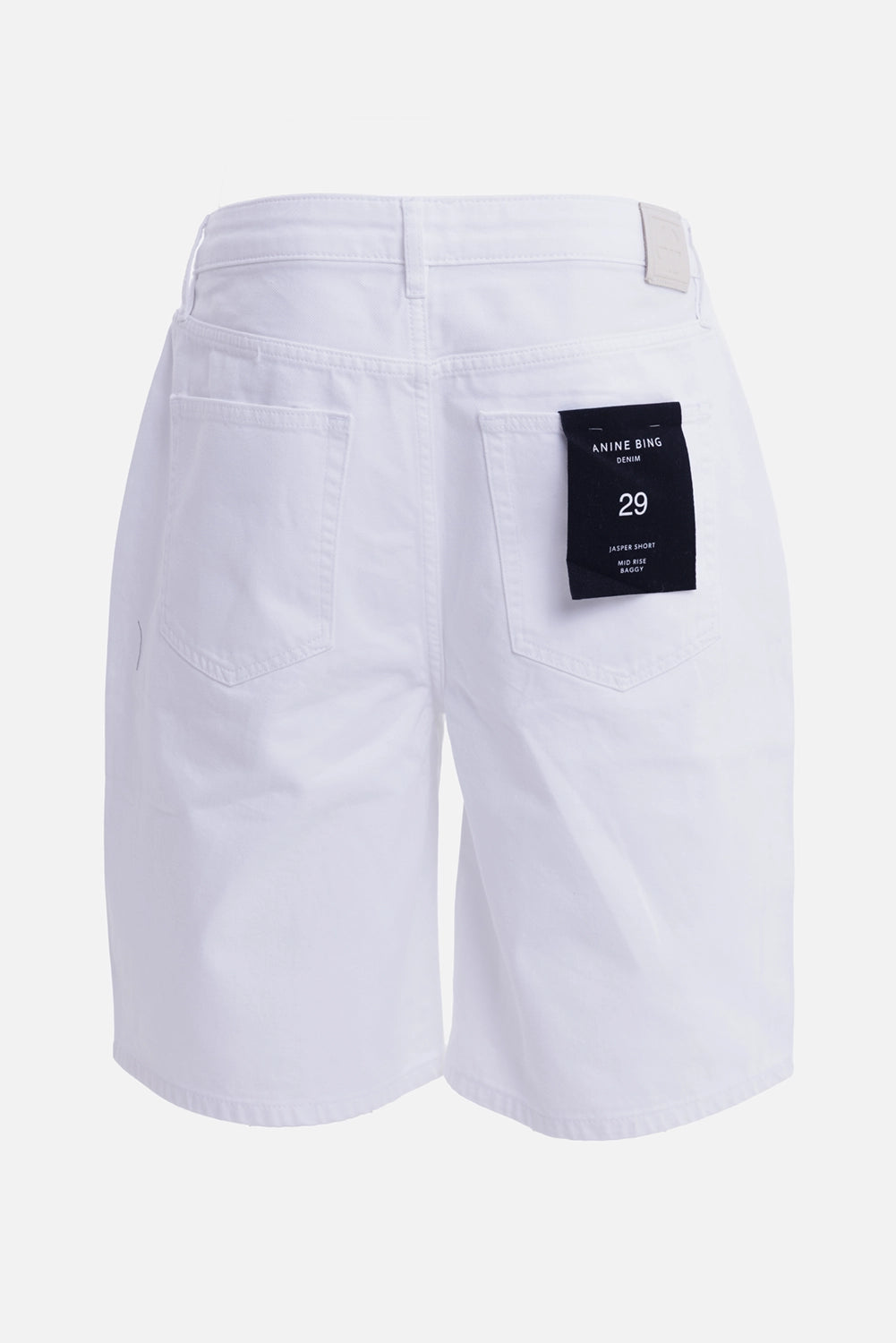 Anine Bing women's white denim shorts, back view with rear patch pockets and logo waist patch
