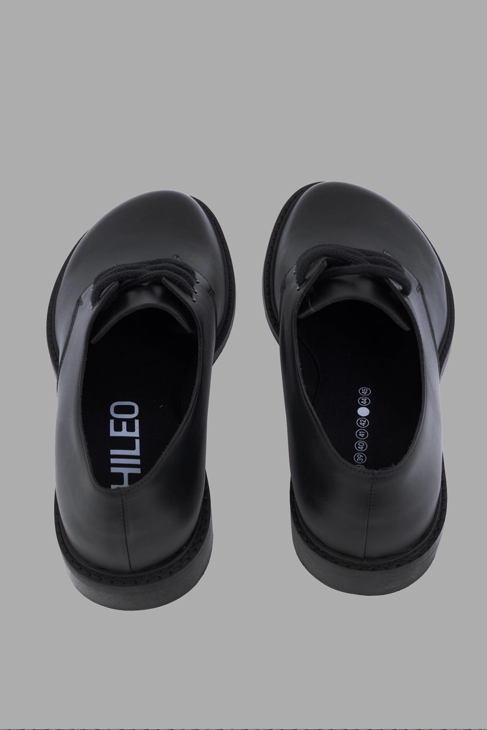PHILEO derby shoes in black, rear/top view, branded insole and stitched welt