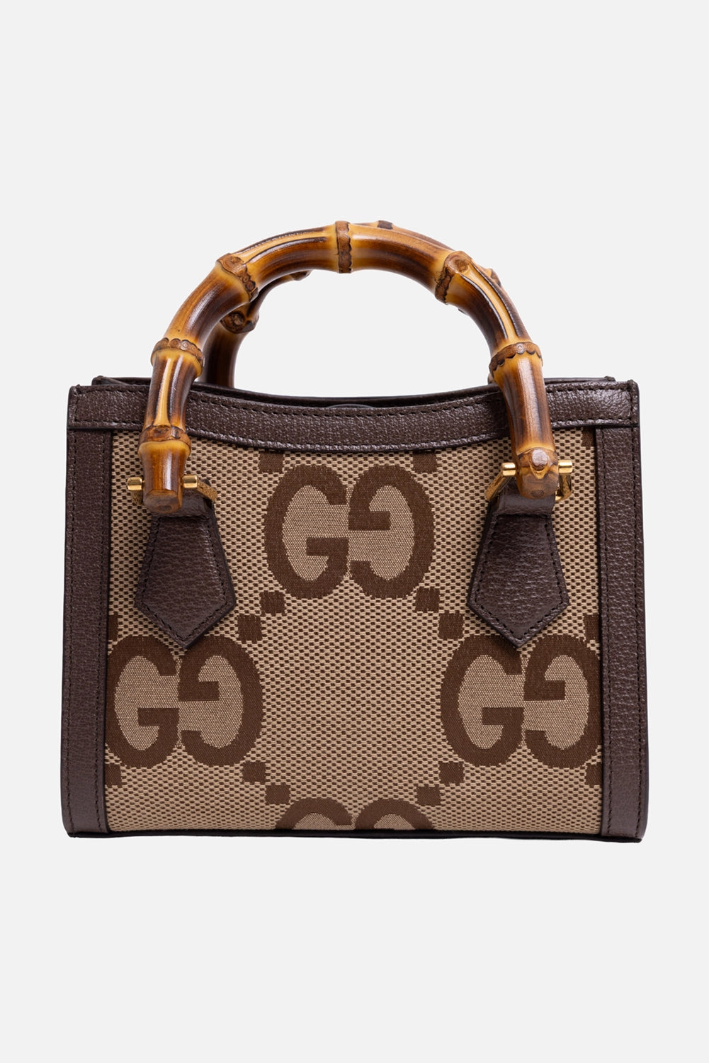 Pre-owned Gucci tote bag in beige and brown, back view, jumbo GG monogram panel with dark brown leather trim
