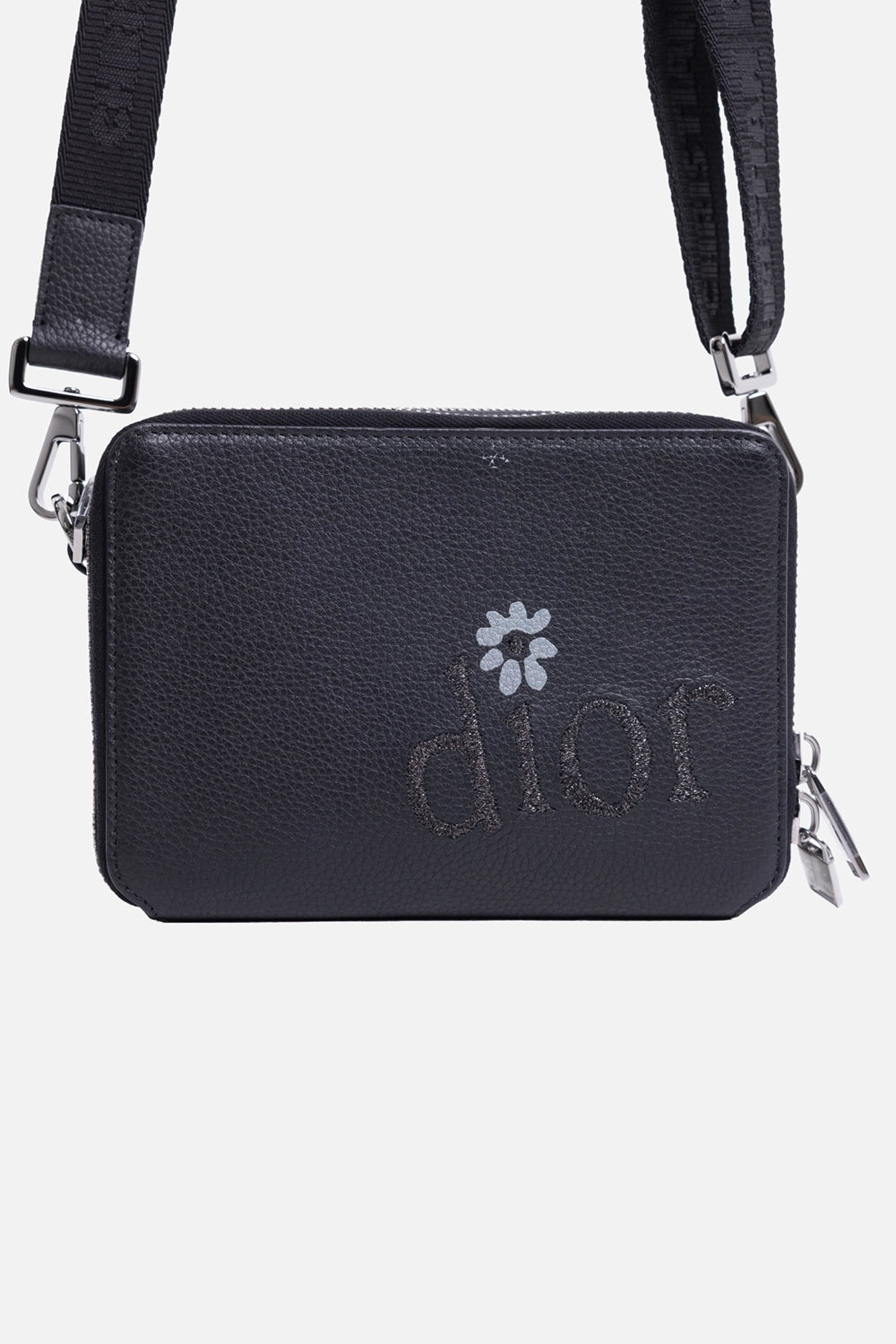 Dior x ERL black pouch with adjustable strap, front view with Dior logo detail