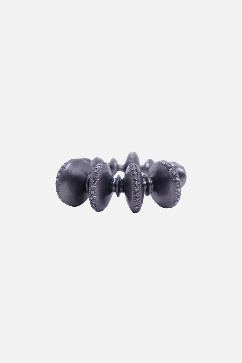 Kundo unisex disc bracelet in blackened silver-tone, front view with five oval elements and textured rims