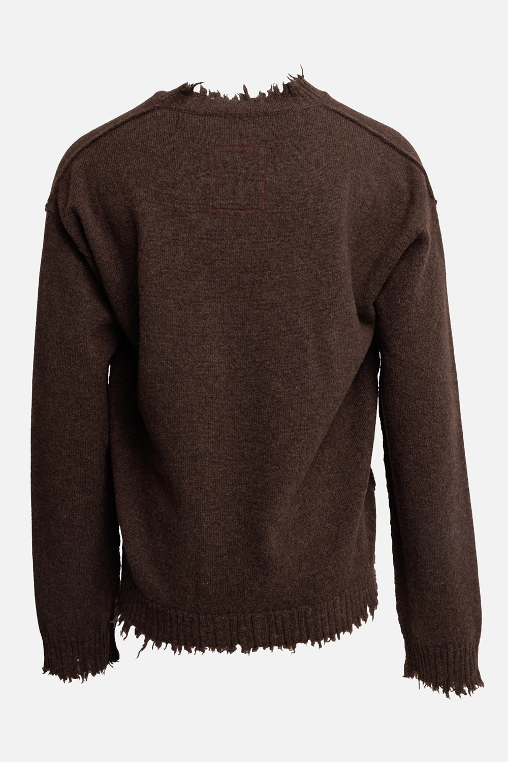 Uma Wang men's brown cashmere sweater, back view with red square stitching and frayed neckline