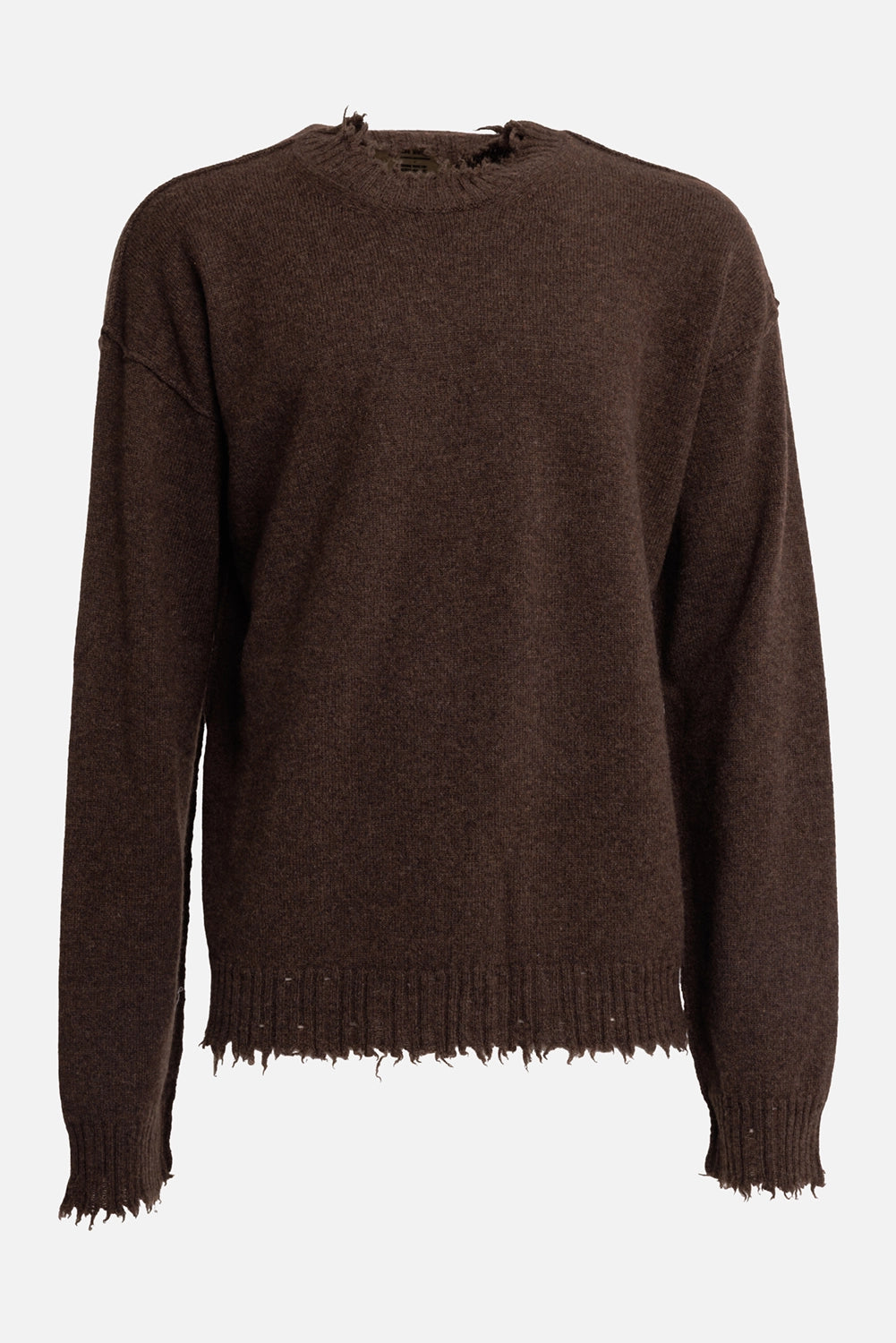 Uma Wang men's brown cashmere sweater, front view with distressed crew neck, cuffs and ribbed hem