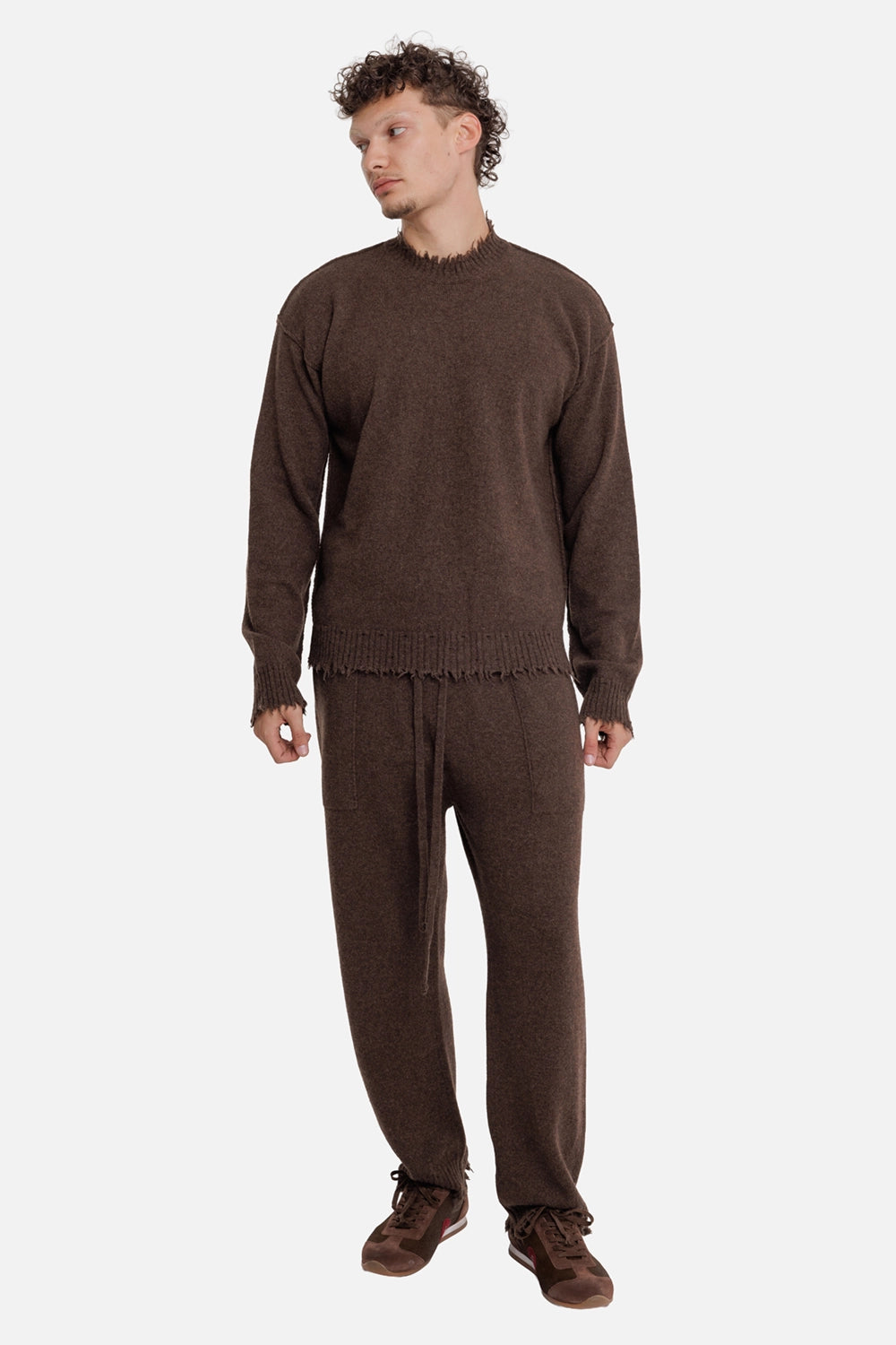 Uma Wang men's brown cashmere sweater, full-length on-model view with relaxed fit and distressed ribbed edges