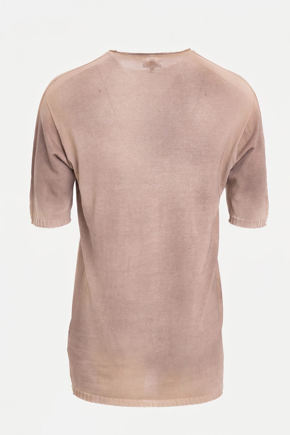 MD75 men's Distressed Knit Cotton T-Shirt in Sughero, back view with washed knit surface and rolled neckline