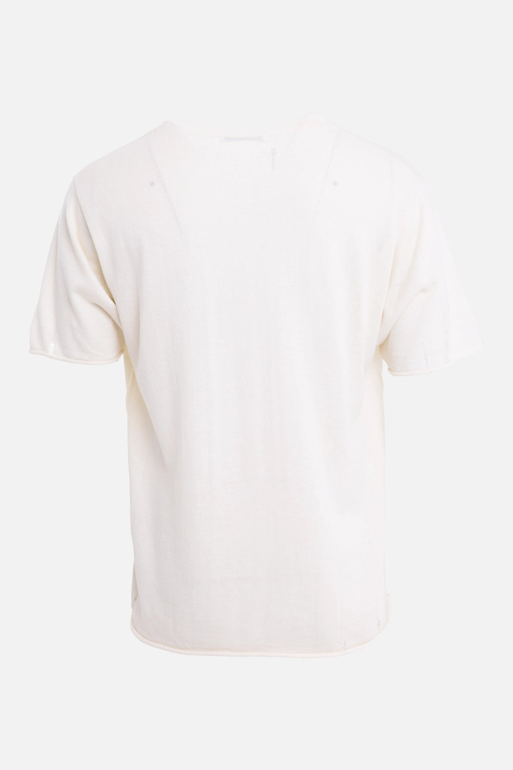 VEIN men's knit tee in cream, front view with dropped-stitch details and softly rolled crew neck