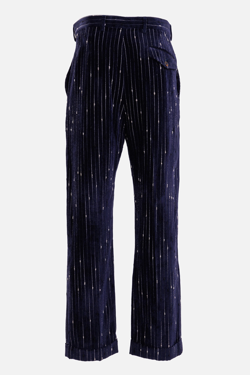 Vivienne Westwood men's trousers in navy and white, back view with a buttoned flap pocket and distressed pinstripes