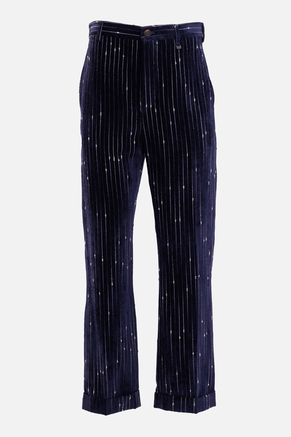 Vivienne Westwood men's trousers in navy and white, front view with button closure, belt loops and turned-up hems