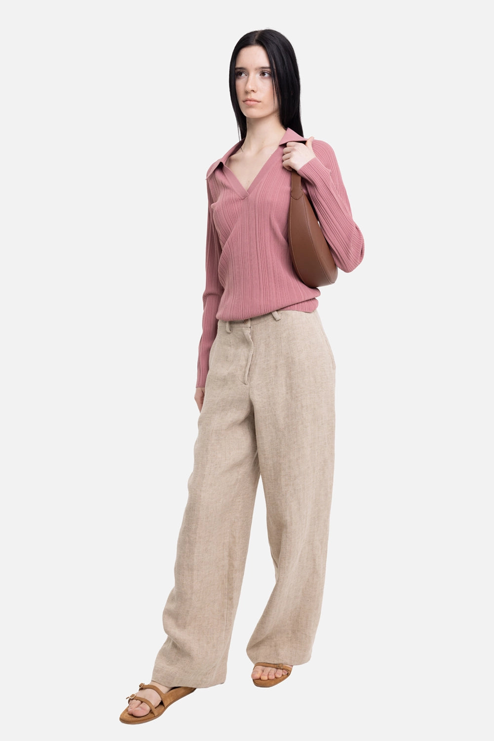 Gentry Portofino women's trousers in corda, on-model full length, high rise and fluid straight leg