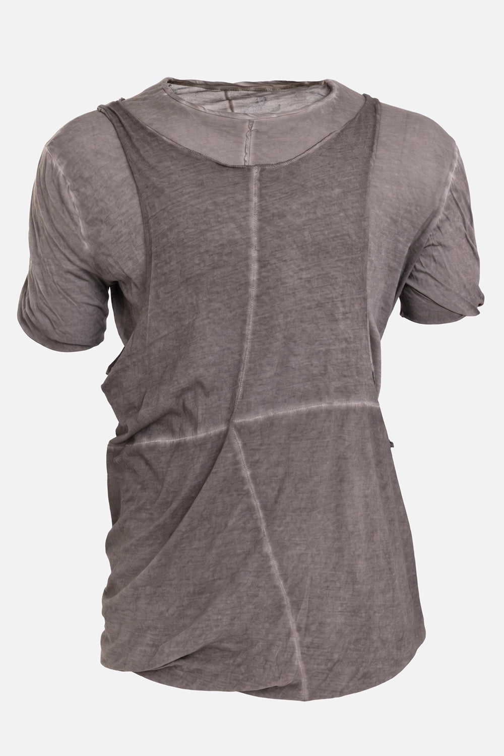MD75 men's T-shirt in ash resin, front view with exposed center seam and gathered short sleeves