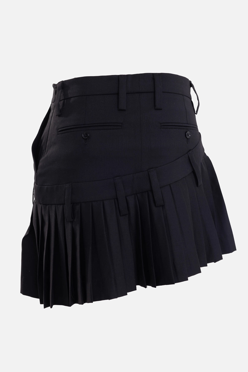 Torisheju women's double pleated mini skirt in black, back view with welt pockets and button tabs