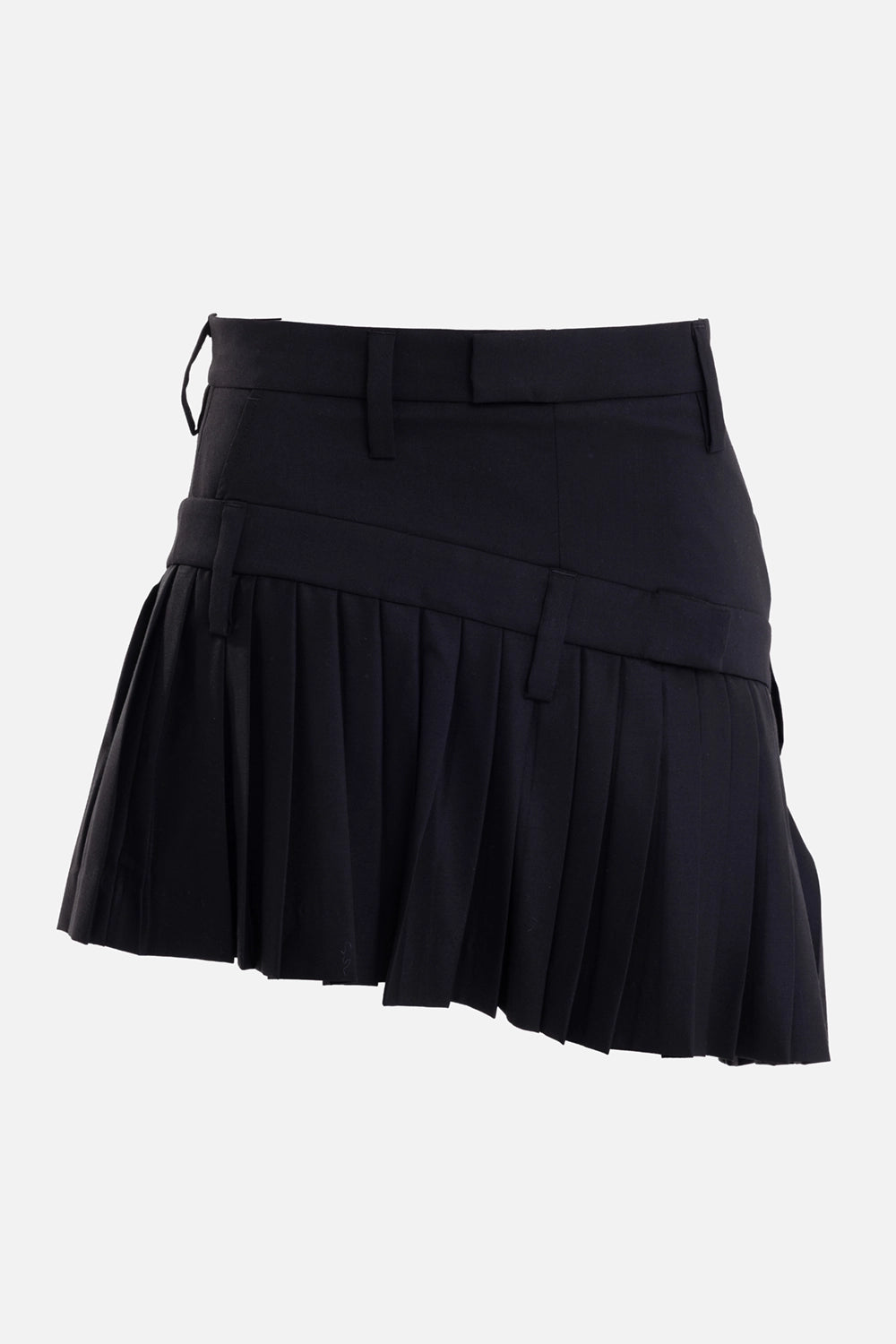 Torisheju women's double pleated mini skirt in black, front view with asymmetric waistband and pleated hem