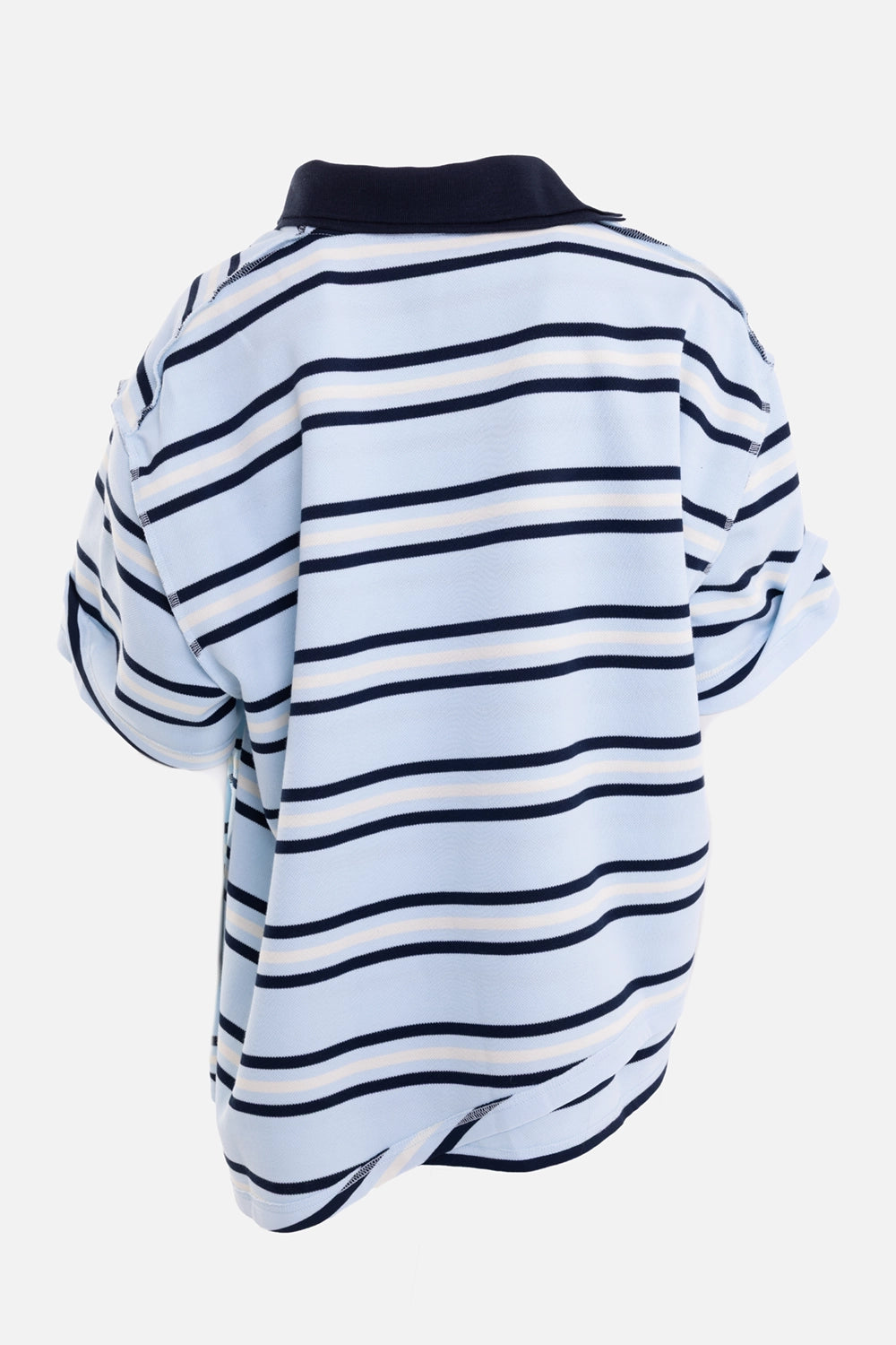 Natasha Zinko unisex double polo shirt in multicolour, back view, layered striped panels and navy collar