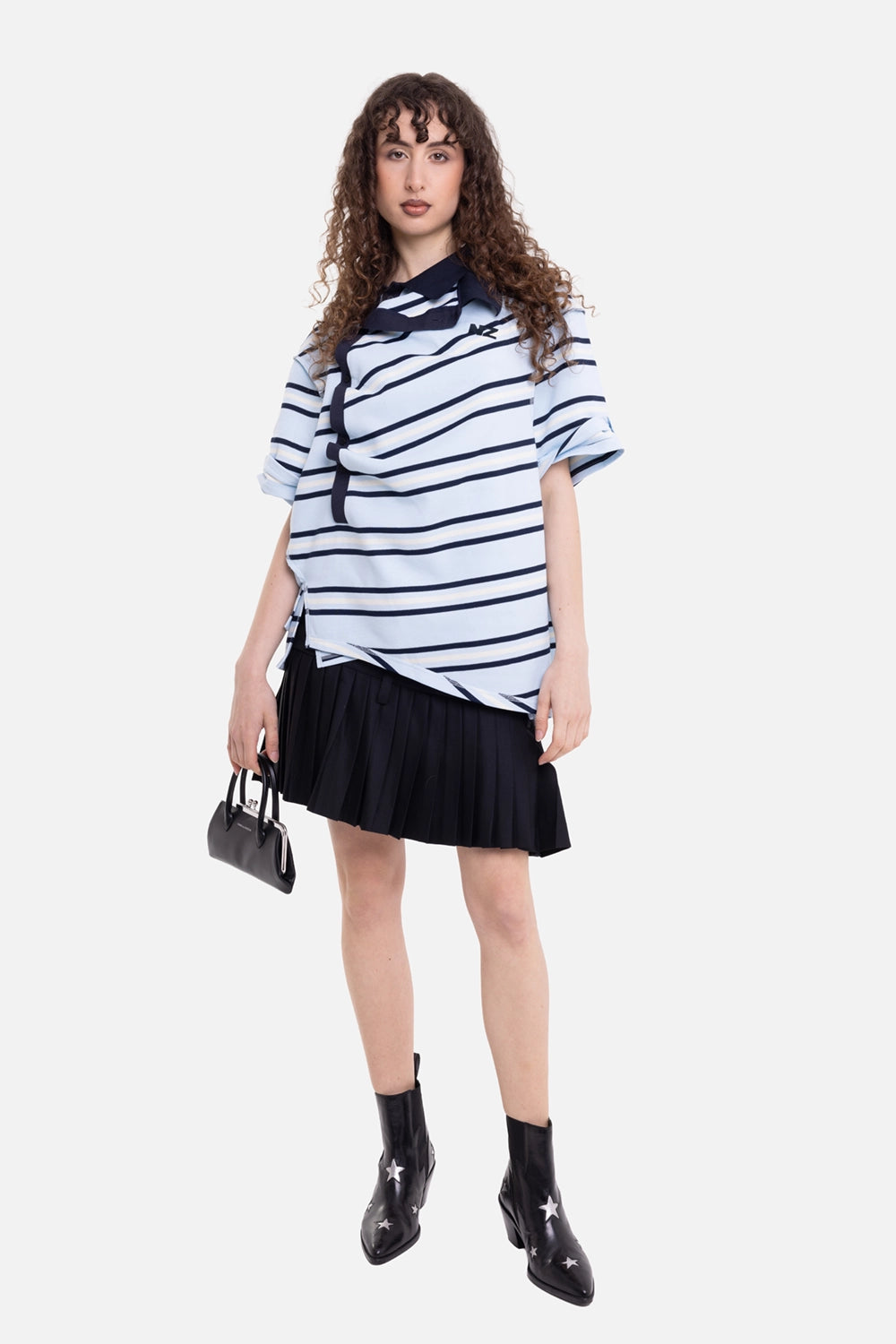 Natasha Zinko unisex double polo shirt in multicolour, on-model full-length view, rolled sleeves and NZ chest logo