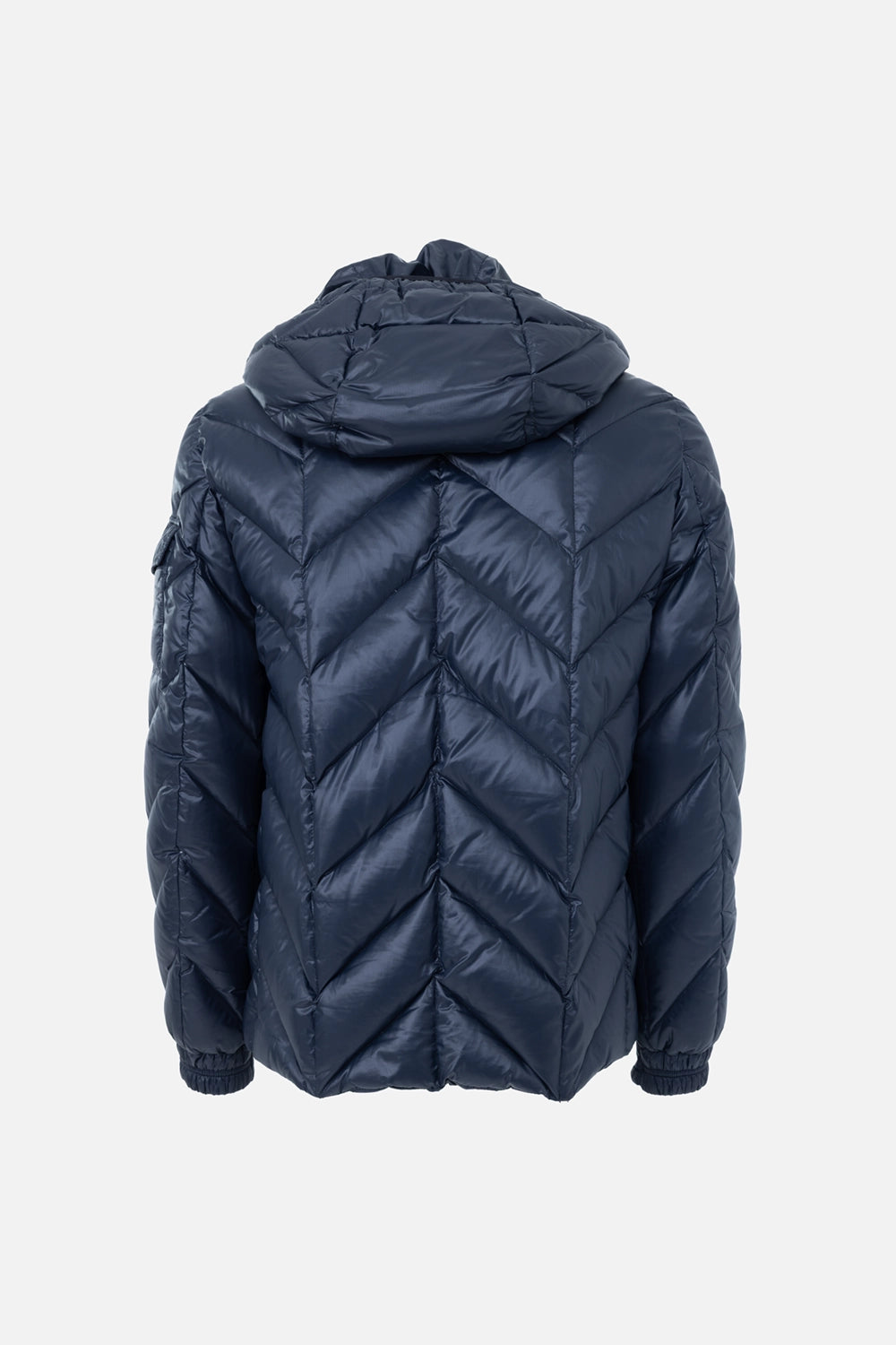 Pre-owned Moncler men's down jacket in navy, back view, chevron quilting with hood