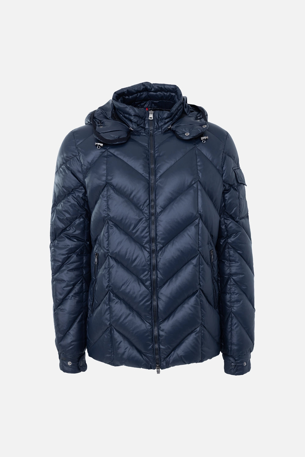 Pre-owned Moncler men's down jacket in navy, front view, chevron quilting with zip closure and hood snaps