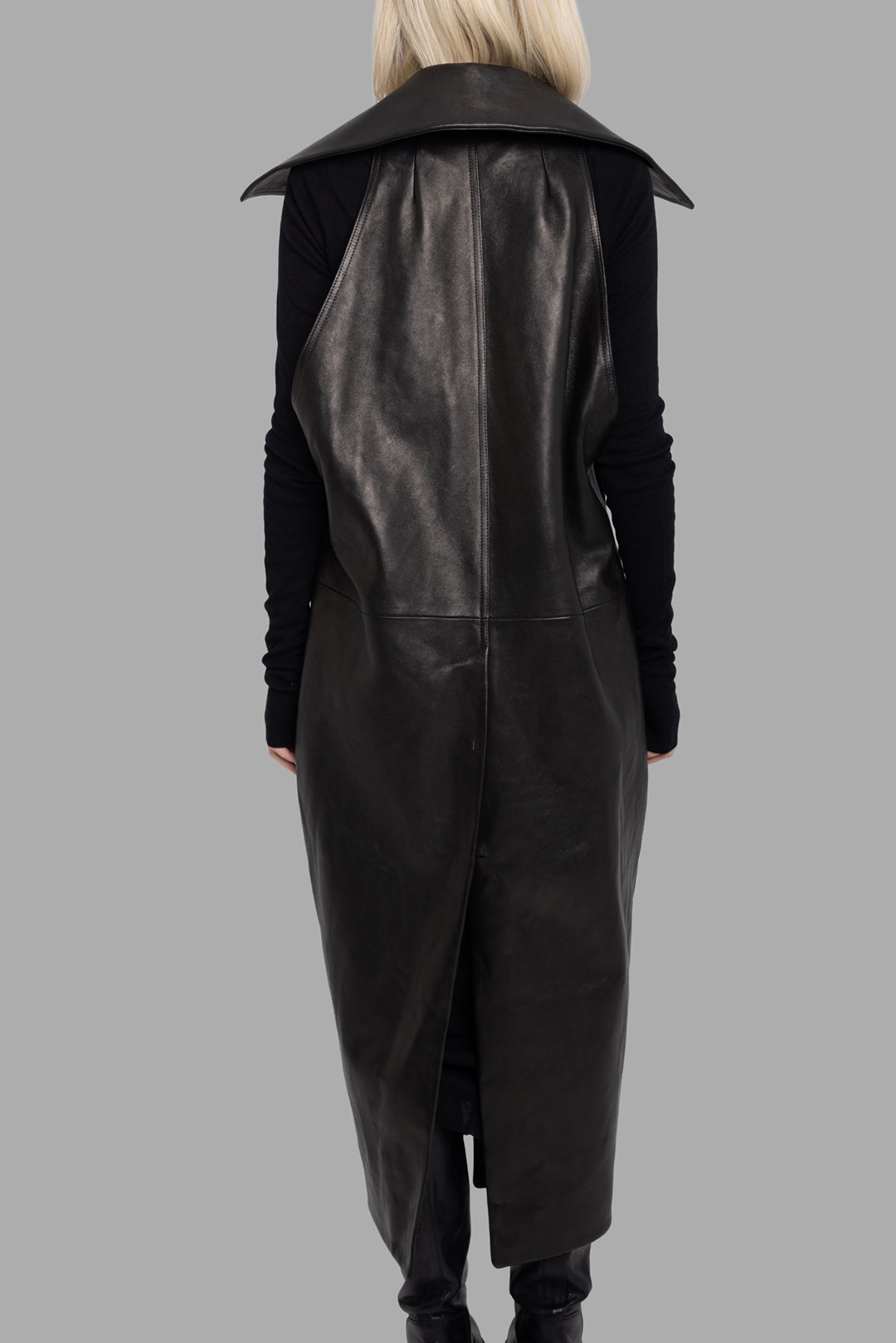 Rick Owens women's black Dracucollar Cyclops leather coat, back view with extended dracucollar, centre seam and back vent