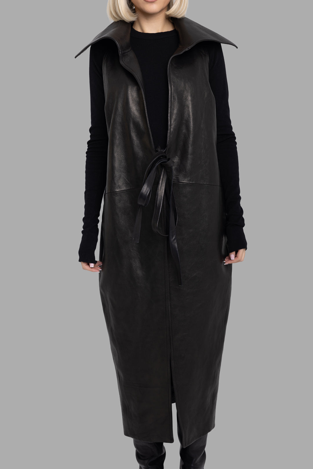 Rick Owens women's black Dracucollar Cyclops leather coat, front view showing waist tie belt and smooth veg nappa finish