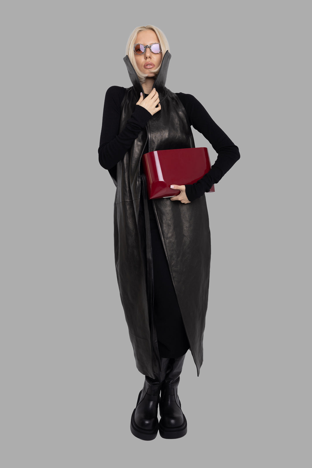 Rick Owens women's black Dracucollar Cyclops leather coat, full-length front view with tall stand collar and sleeveless wrap