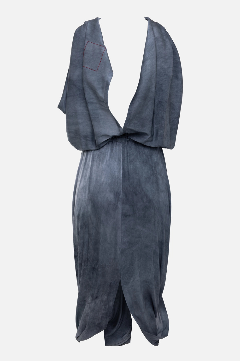 Uma Wang women's midi dress in steel blue, back view, crossed halter drape and elastic waist