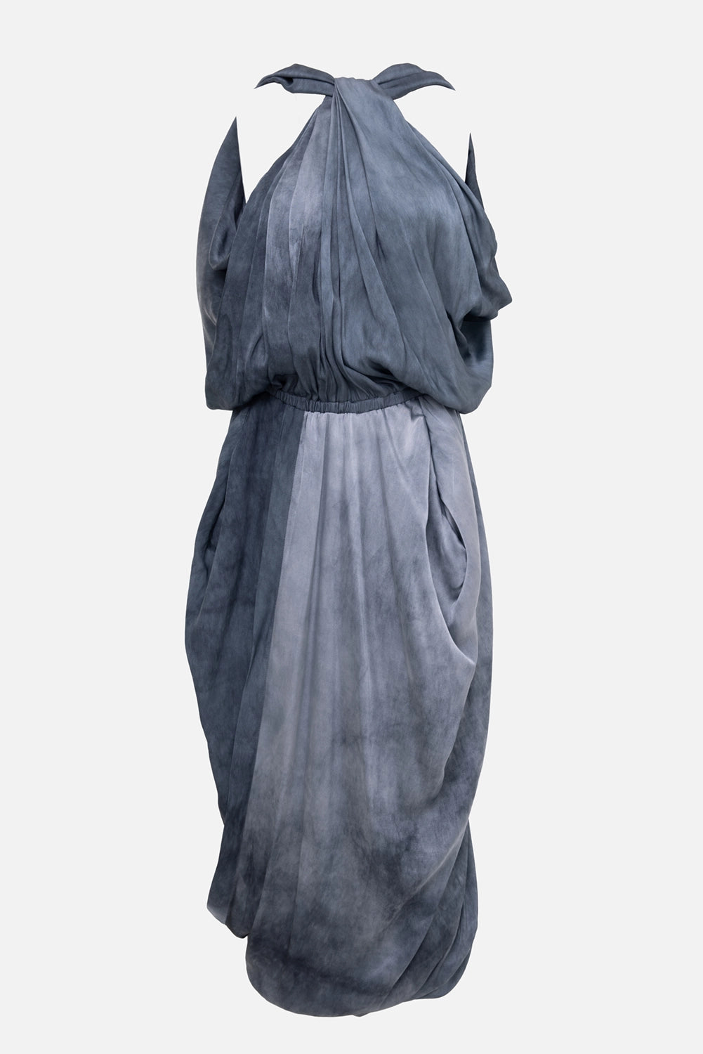Uma Wang women's midi dress in steel blue, front view, gathered halter bodice and asymmetric skirt panel