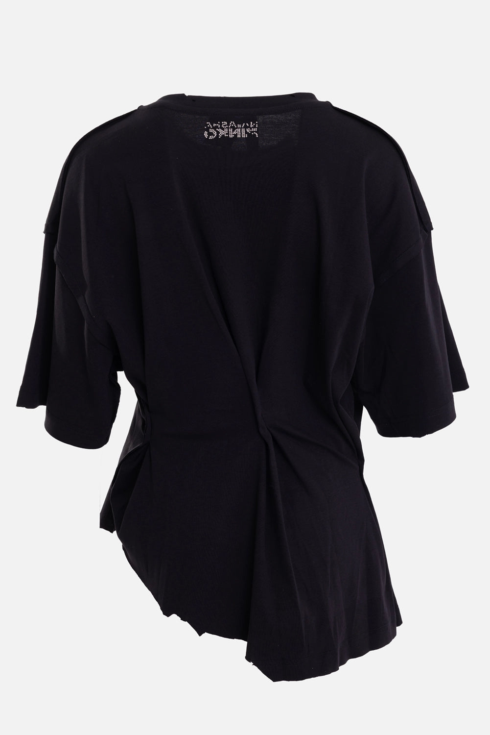 Natasha Zinko unisex T-shirt in black, back view, gathered drape and small rhinestone logo at neckline