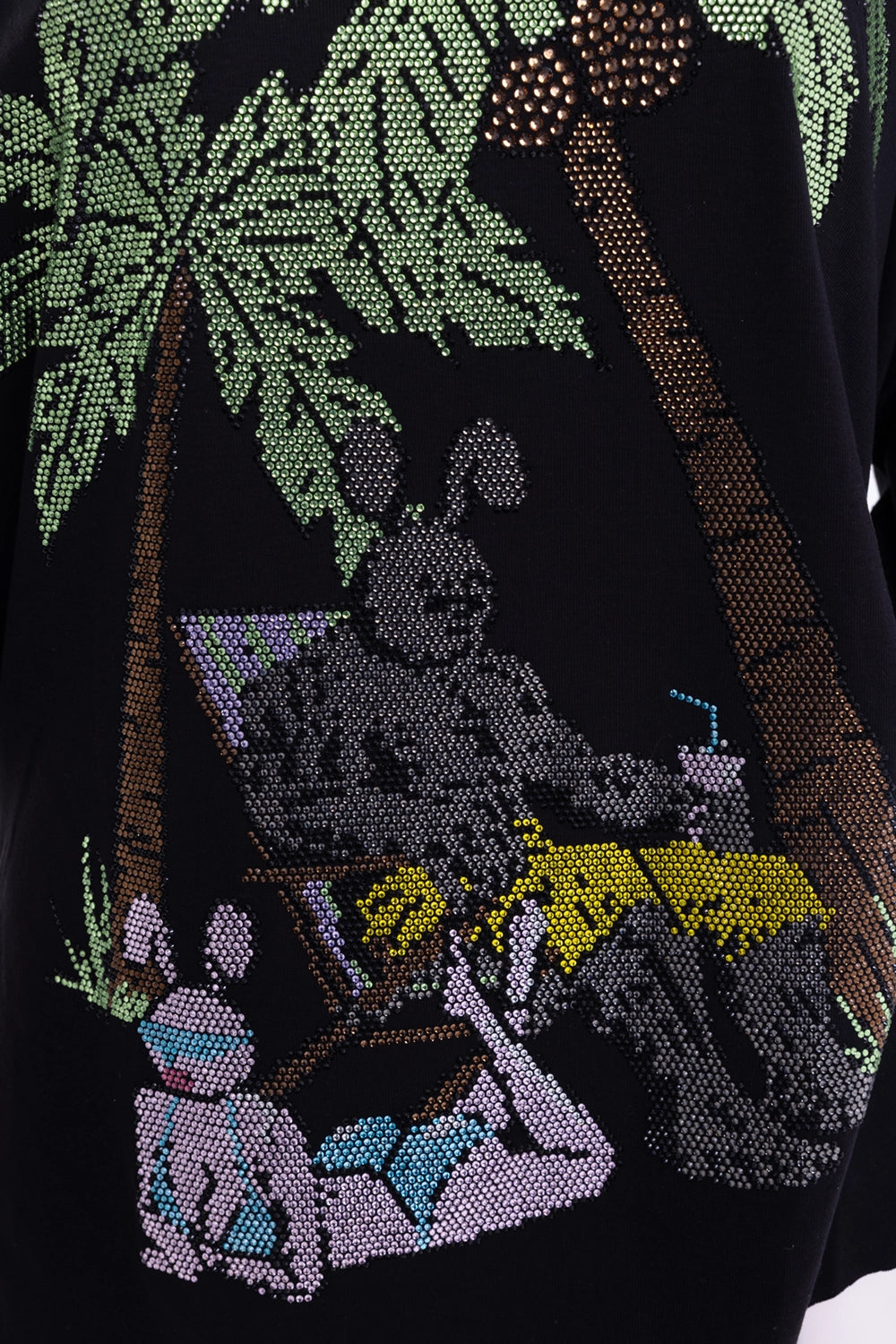 Natasha Zinko unisex T-shirt in black, fabric close-up, rhinestone bunny with cocktail and palm leaves