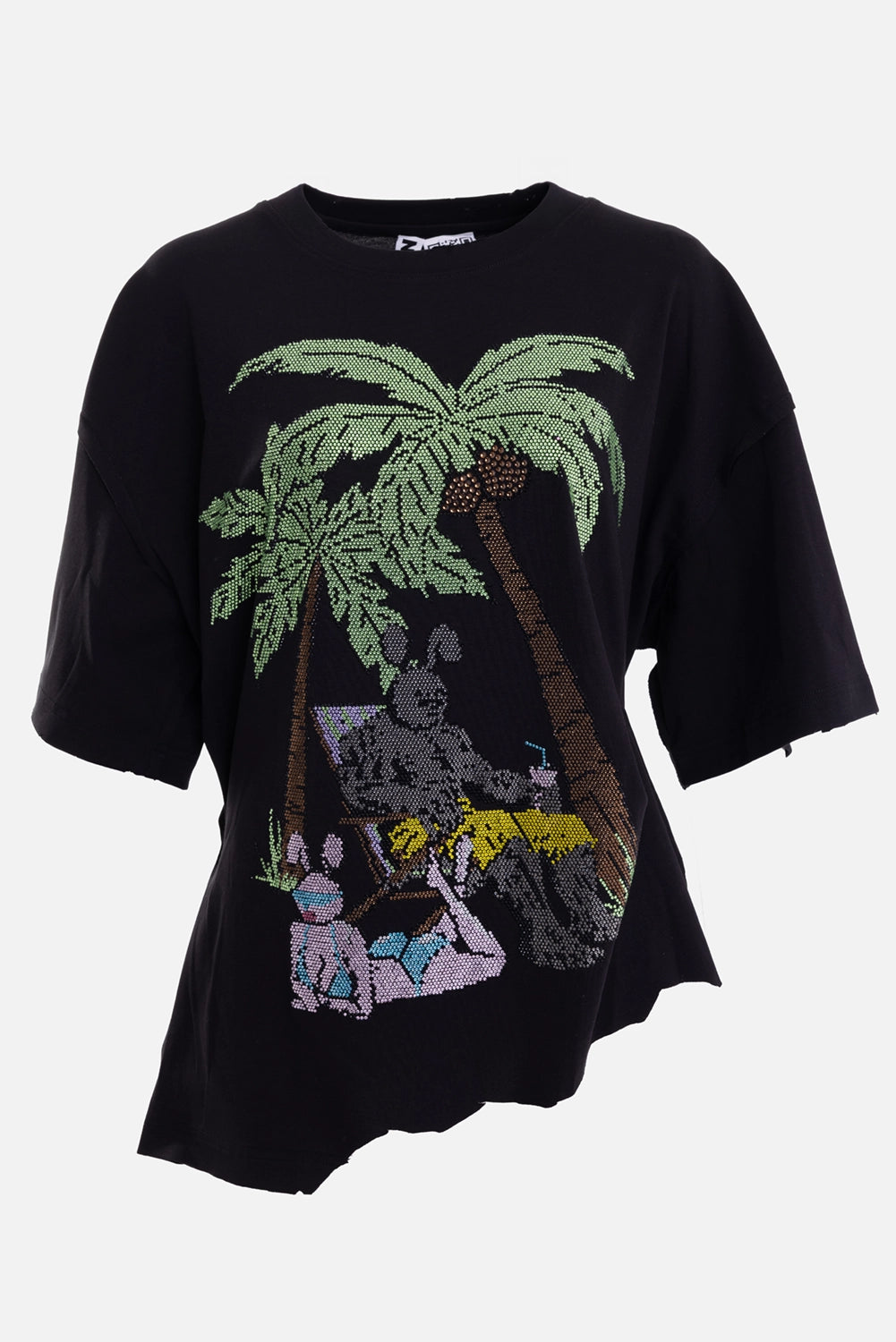 Natasha Zinko unisex T-shirt in black, front view, multicolor rhinestone bunny and palm tree artwork