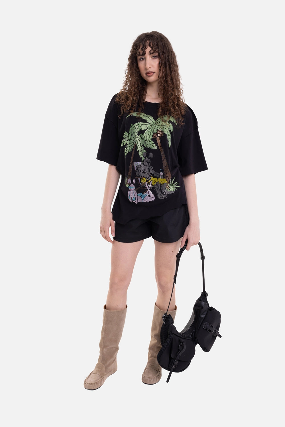 Natasha Zinko unisex T-shirt in black, on-model full-length view, rhinestone palm graphic and draped hem