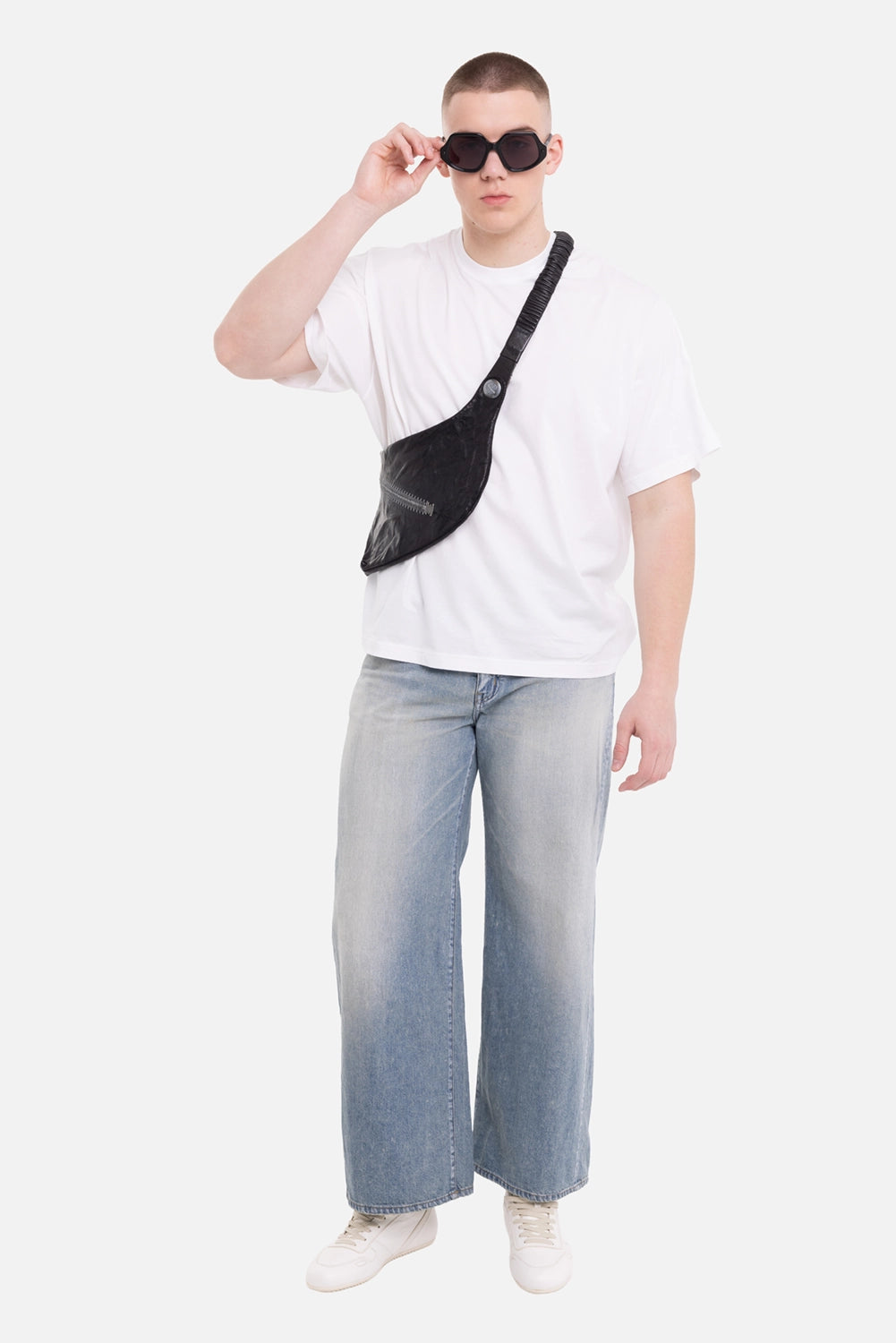 VEIN men's T-shirt in white, on-model full-length view with relaxed fit and short sleeves