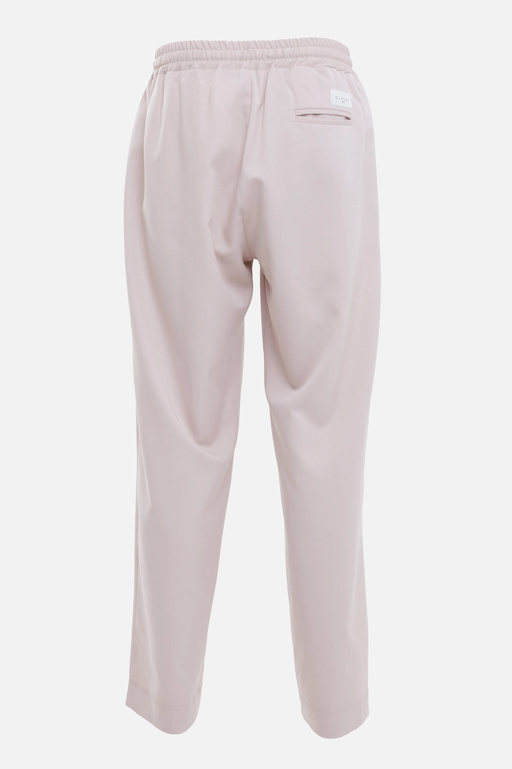 Gaëlle Paris men's trousers in beige, back view, elastic waistband and single welt pocket with logo patch