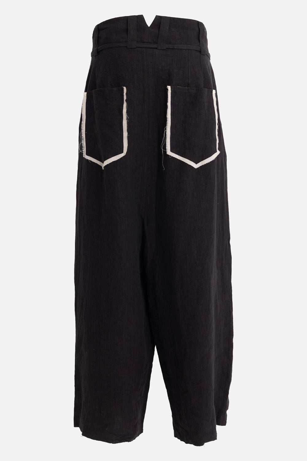 Vuscichè men's drawstring trousers in black, back view, raw-edge patch pockets and rear waist notch