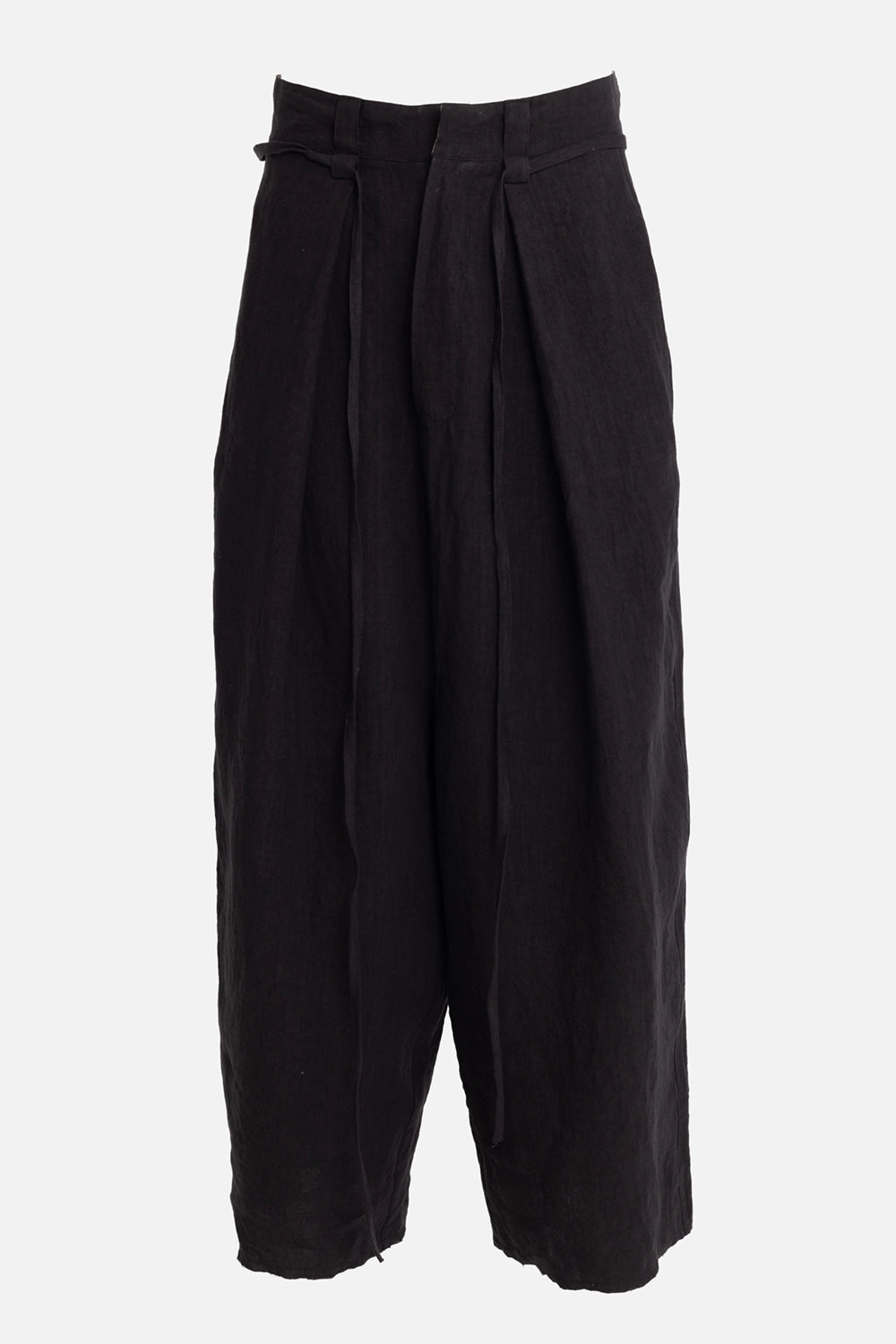 Vuscichè men's drawstring trousers in black, front view, belt loops, deep pleats and long fabric ties