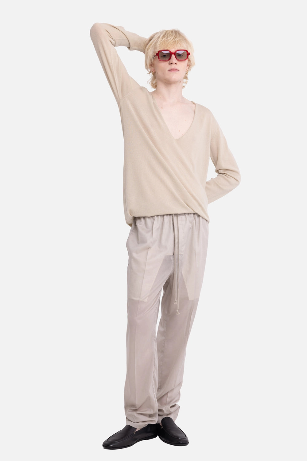 Rick Owens men's drawstring trousers in pearl, on-model full-length, sheer panels and long cord ties