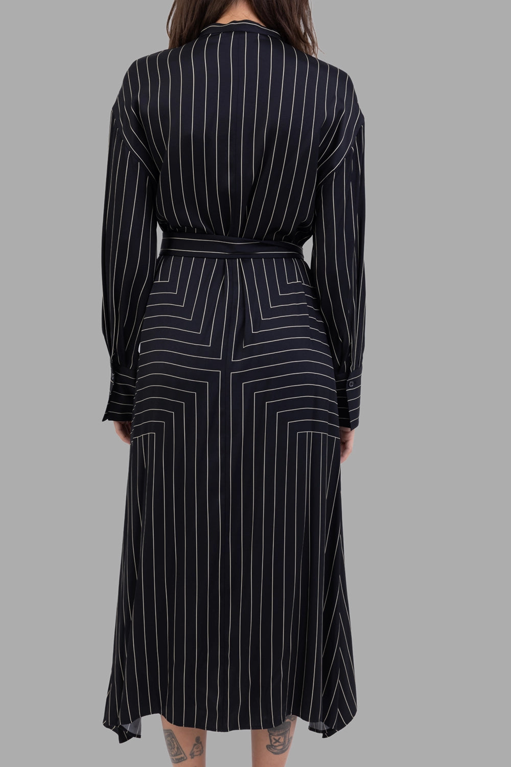 Joseph women's silk midi dress in Black/Affogato, back view, geometric panel layout and draped asymmetric hem