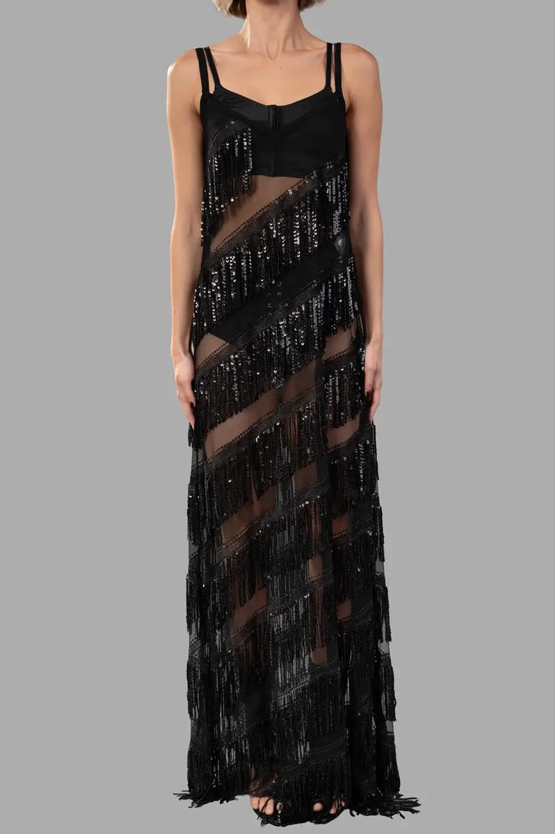 Fringe Maxi Dress in Black | Sehnsucht Atelier