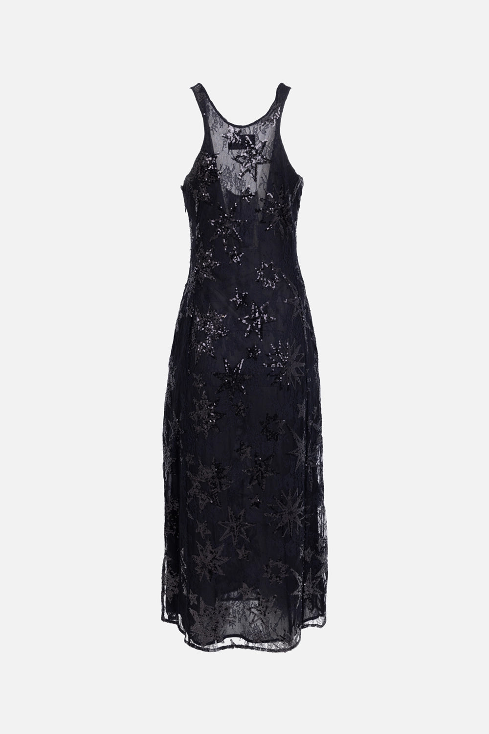 Zadig&Voltaire women’s lace maxi dress in black, back view, sleeveless cut with sheer lace panels and sequin detail