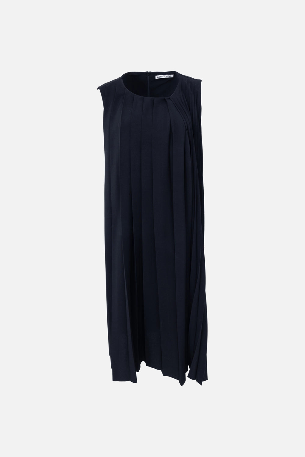 Pre-owned Acne Studios women’s dress in black, front view, round neck with asymmetric pleated drape