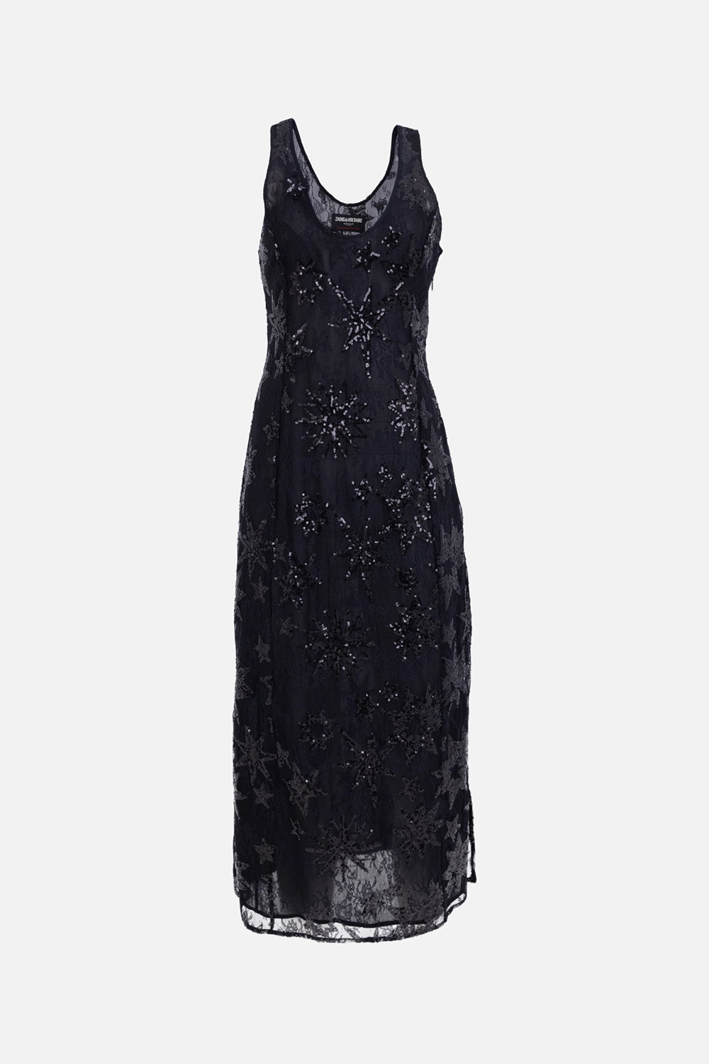 Zadig&Voltaire women’s lace maxi dress in black, front view, sequin-embroidered star motifs and V-neckline