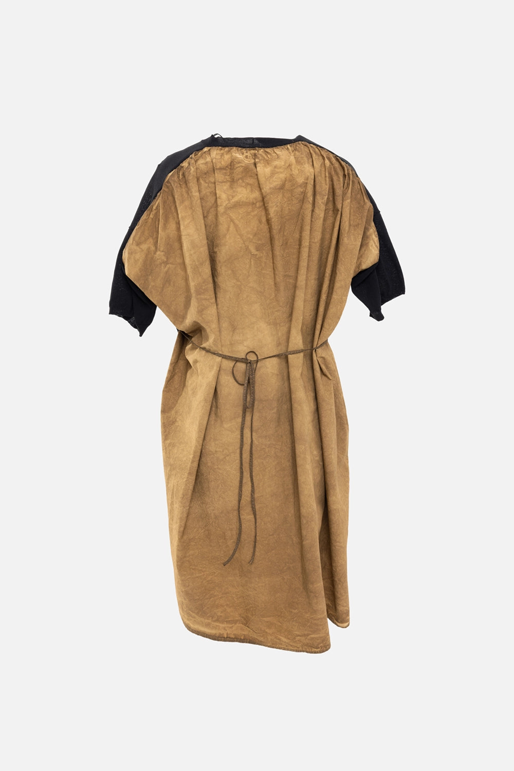Uma Wang women's mini dress in black/mustard, back view, gathered yoke with self-tie waist on mustard panel