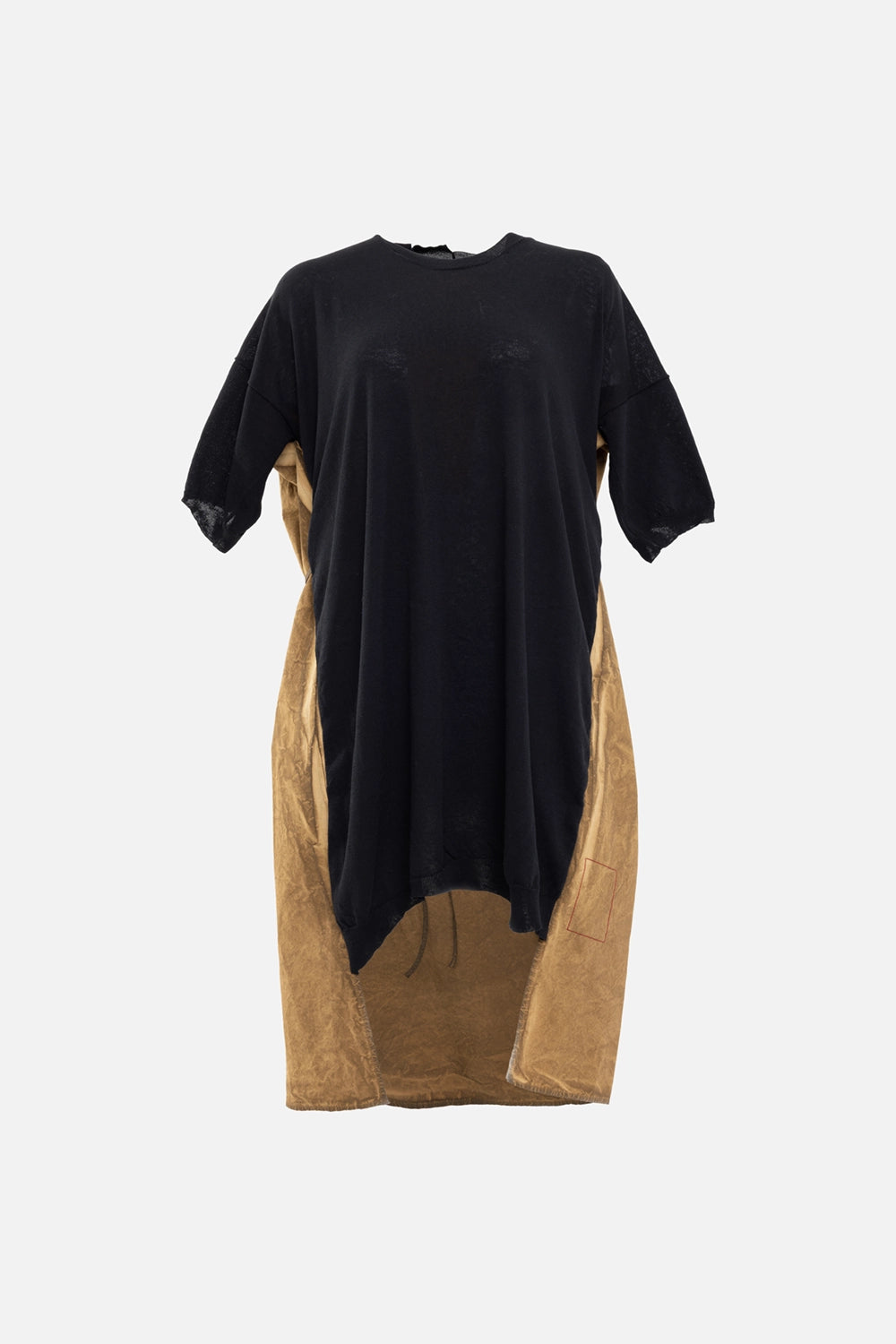 Uma Wang women's mini dress in black/mustard, front view, ribbed crewneck and relaxed short sleeves