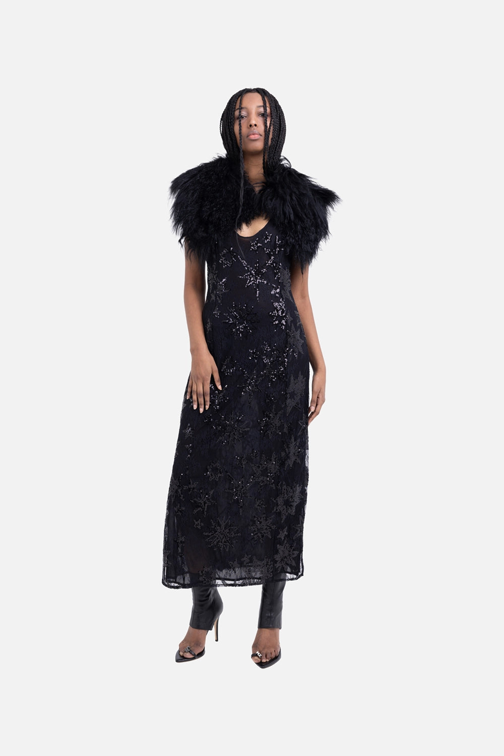 Zadig&Voltaire women’s lace maxi dress in black, on model full length, sheer lace overlay with tonal sequin embroidery