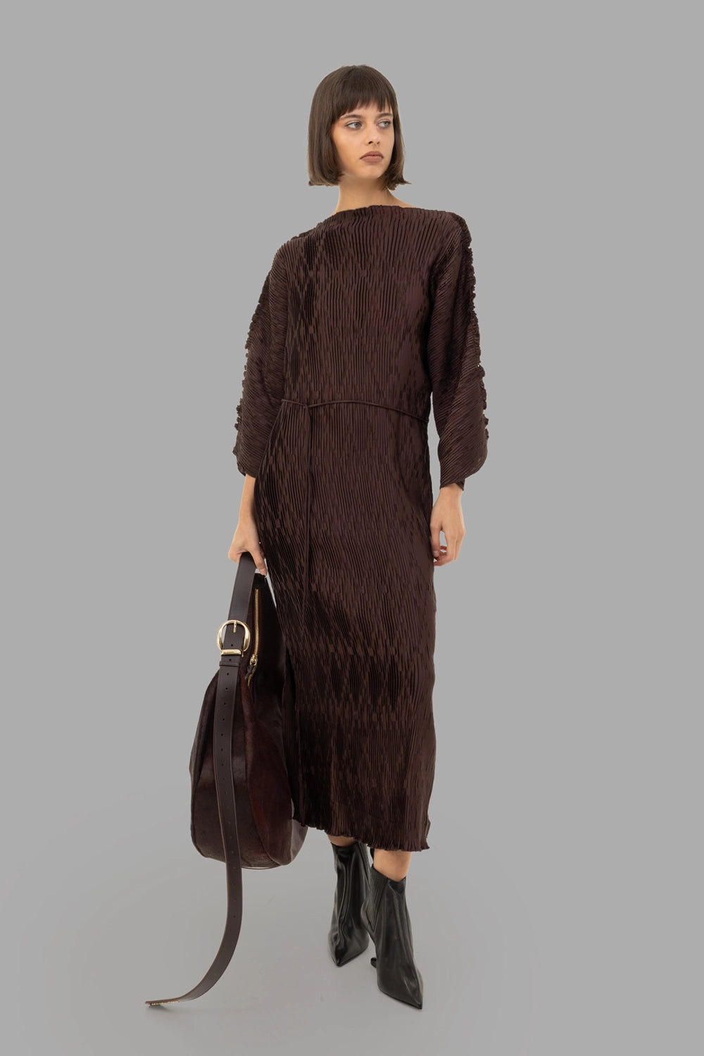 By Malene Birger women maxi dress in Coffee Brown, on-model full length, boat neckline and self-tie belt.