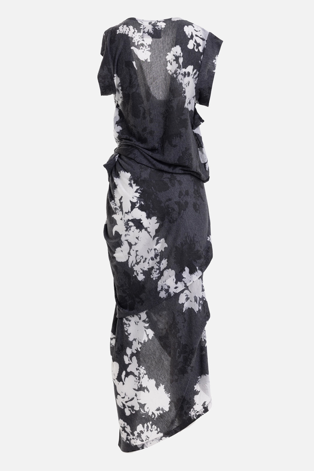 Vivienne Westwood women's dress in grey/flowers, back view, cap sleeves and asymmetric skirt drape